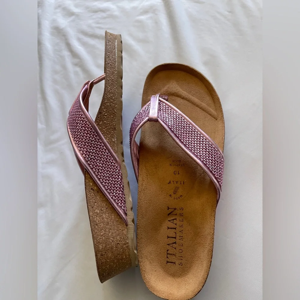 Metallic Pink, Shimmery Italian Shoemakers Cork Wedge Thong Sandals 1.5” H NWOT